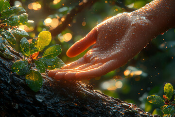 Poster - A hand reaching out to touch a tree branch, representing the human connection to nature. Concept of conservation.