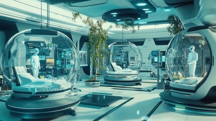Poster - Futuristic Medical Facility with Transparent Isolation Pods and  Robotic Personnel