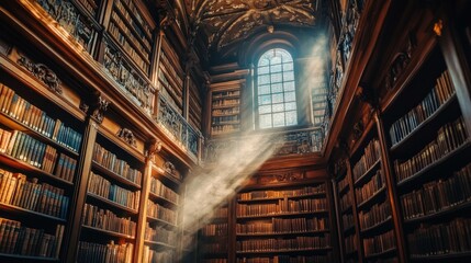 Poster - A Beam of Light Illuminates Bookshelves in an Ornate Library