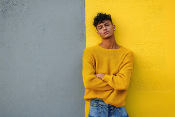 Woman leaning against yellow wall, staring into distance with contemplative expression, sunlight casting shadows on vibrant background.