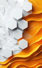 Poster - Creative abstract composition with white hexagons and dynamic orange waves on textured background