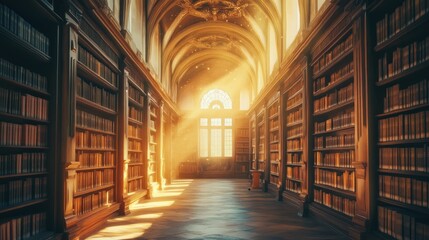 Poster - Sunlit Hallway with Bookshelves in an Old Library