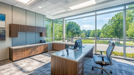 Poster - Modern Office Interior with Large Windows and a Desk