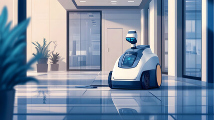 Illustration of a modern robotic cleaner navigating a business environment   