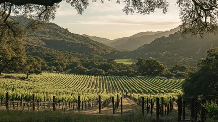 Poster - Vineyard Landscape with Mountain View and Oak Trees
