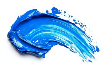 Blue paint stroke with smooth, flowing texture and subtle splashes on a white background, evoking a sense of motion and creativity