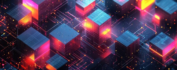 Poster - isometric neon geometric design featuring glowing cubes and digital network patterns in a futuristic