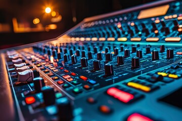 Close-up of a Soundboard Control Panel with Knobs and Buttons