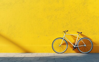 Vintage bicycle leaning against a vibrant yellow wall under the sunlight, creating a striking and colorful urban scene with minimalist design