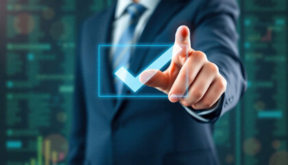 Businessman pressing check mark button. Business and technology concept. Man selecting success futuristic interface. Innovation, communication, and modern connection idea. Touchscreen future service.