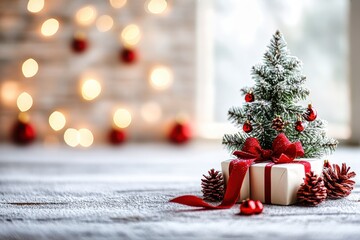 Wall Mural - white gift box with red ribbon resting by a lit christmas tree