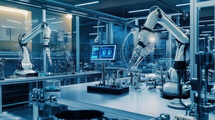 Poster - Two Industrial Robots Working on a Production Line in a Modern Factory