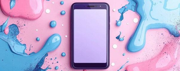 Modern smartphone with purple frame displayed on an abstract colorful background of pink and blue paint splashes