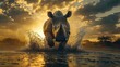 © Daniel - A sizable rhinoceros is walking through a water puddle onto the camera