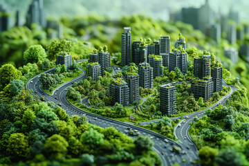 Poster - a city with roads made of grass, symbolizing a greener approach to urban design. concept of eco-frie