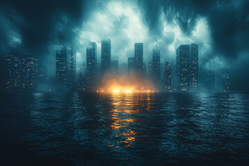 Poster - A city skyline plunged into darkness due to energy shortages, symbolizing the consequences of energy crises. Concept of energy crisis.