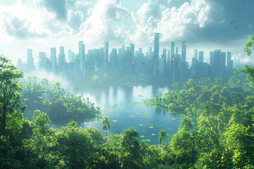 Poster - A city skyline overrun by greenery, representing the reclaiming of urban spaces by nature. Concept of urban ecology.