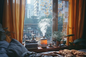 a warm and inviting room features a diffuser releasing steam on a wooden table, surrounded by vibran