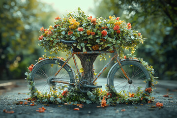 Poster - a bicycle transforming into a tree, showing the impact of eco-friendly transportation. concept of gr
