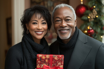 Cheerful couple celebrating the holidays with a gift against a festive backdrop in a warmly decorated living room