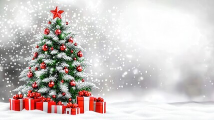 Wall Mural - christmas tree standing on snow with gifts and falling snow background