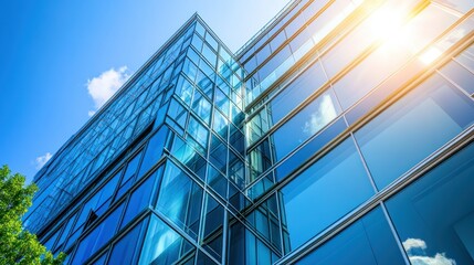 Poster - Modern Glass Office Building with Blue Sky and Sunlight Reflections