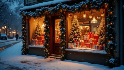 Charming winter scene of a festively decorated storefront filled with holiday gifts and snow-covered surroundings at twilight