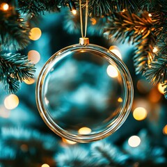 Wall Mural - round glass christmas ornament hanging on a christmas tree with lights