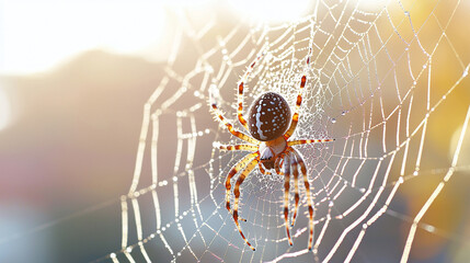  A macro shot of a spider weaving its intricate web, with droplets of dew glistening in the morning light.