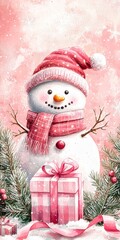 Wall Mural - cute watercolor snowman wearing pink winter clothes surrounded by presents