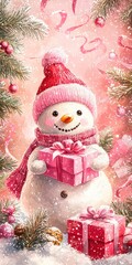 Wall Mural - cute watercolor snowman wearing pink winter clothes surrounded by presents