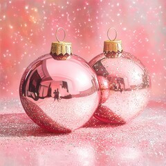 Wall Mural - pink christmas ornaments glittering on pink background
