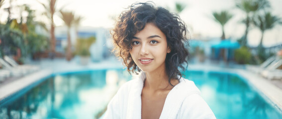 satisfied and relaxed woman at a quiet empty swimming pool with clear water with palm trees at the villa or hotel, wearing a white bathrobe, going swimming on a tropical holiday in summer temperatures