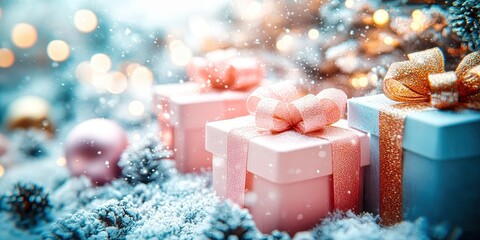 Wall Mural - Pastel blue and pink christmas gift boxes resting in snow with sparkling lights