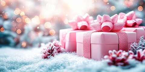 Wall Mural - pastel blue and pink christmas gift boxes resting in snow with sparkling lights