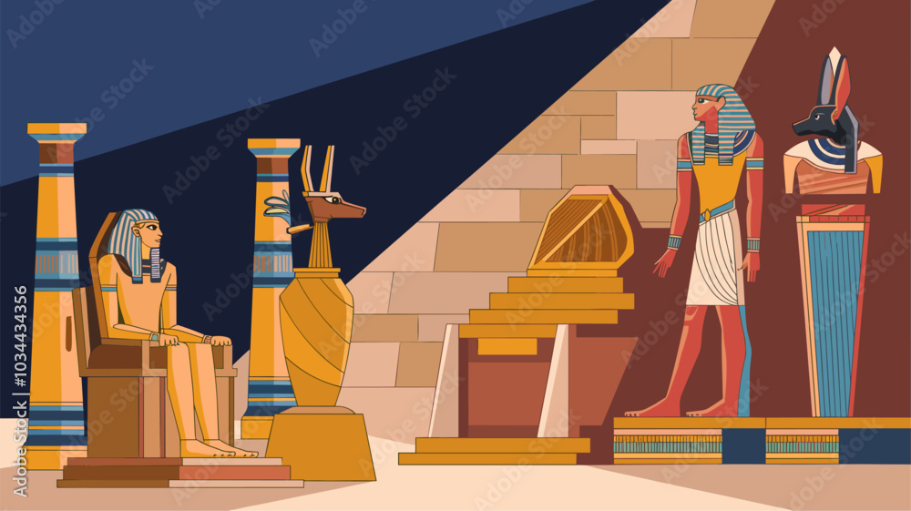 Vector de Stock Ancient Egyptian god and pharaoh statues, throne, vase ...