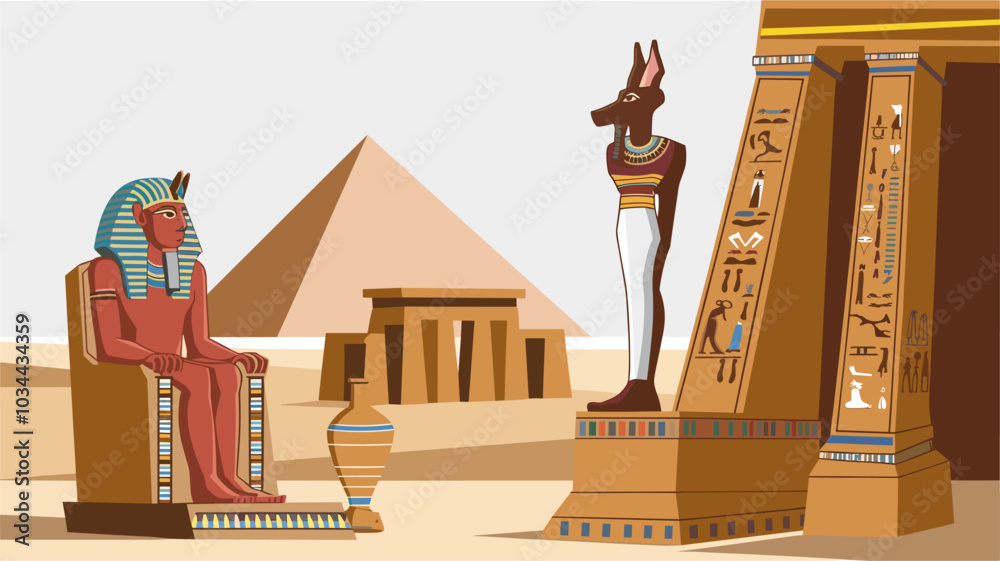 Vector de Stock Ancient Egyptian god and pharaoh statues, throne, vase ...