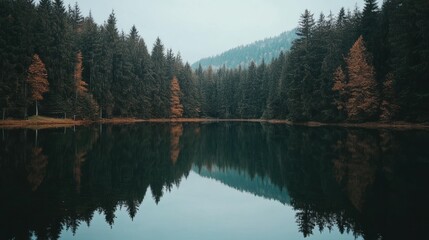 Poster - A Serene Reflection of a Forest Lake and Its Surroundings