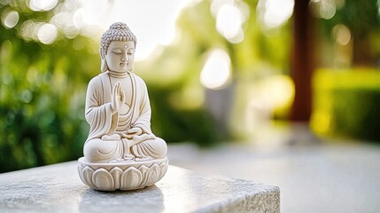 Buddha statues meditating in a tranquil garden setting