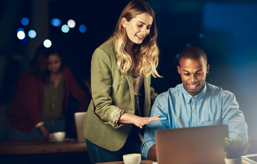 Poster - Employees, laptop and teamwork at night in office, journalism mentor and helping with article. Business people, talking and online for column research on news, reporters and support with overtime