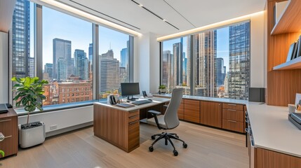 Poster - Modern Office with City View and Desk with Chair