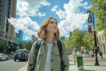 A person walking on a sidewalk with cloud wings on a sunny day