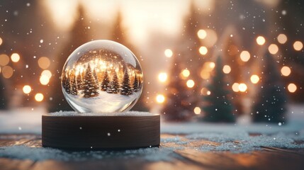 Poster - Delicate snowflakes fall around a glass globe featuring a serene forest scene, illuminated by soft lights. The wintry setting creates a cozy and festive atmosphere, perfect for the holiday season.