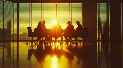 Poster - Silhouettes of business people meeting at sunset in a modern office with a view of the city skyline