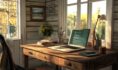 Wall Mural - capturing a cozy home office corner with a rustic wooden desk, a laptop computer