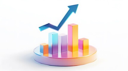 
lying composition 3d icon, UI icon, a chart icon, bar chart has a rising arrow on it, bar chart, pie chart, a rising arrow, frosted glass, transparent, white background, transparent technology sense