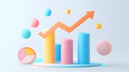 
lying composition 3d icon, UI icon, a chart icon, bar chart has a rising arrow on it, bar chart, pie chart, a rising arrow, frosted glass, transparent, white background, transparent technology sense