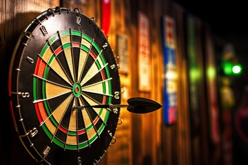 a player takes aim at a dartboard concentrating as the dart strikes the target amidst the vibrant de