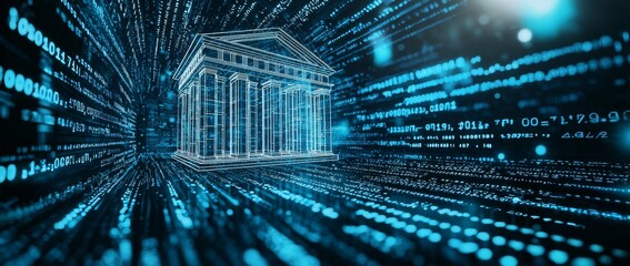 Poster - Online banking and transaction concept with glowing blue digital bank icon on blue backdrop. 3D render.