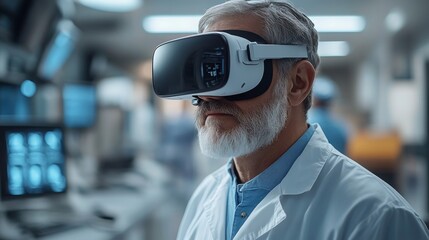 Poster - An elderly man dons a virtual reality headset in a modern medical research lab, immersed in a technology-based study aimed at enhancing healthcare solutions.